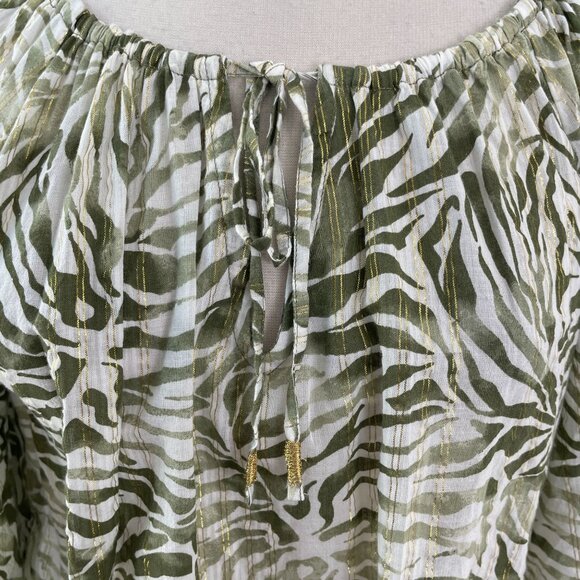 Tommy Bahama Womens Medium Green White Metallic Tropical Cotton Peasant Blouse - Picture 2 of 11